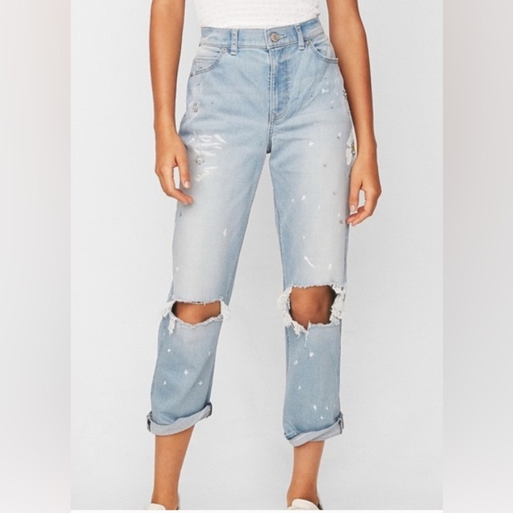 Distressed & Embellished Girlfriend High Rise Jeans